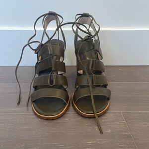 Banana Republic army green leather ankle tie chunky boho vacation sandals  6